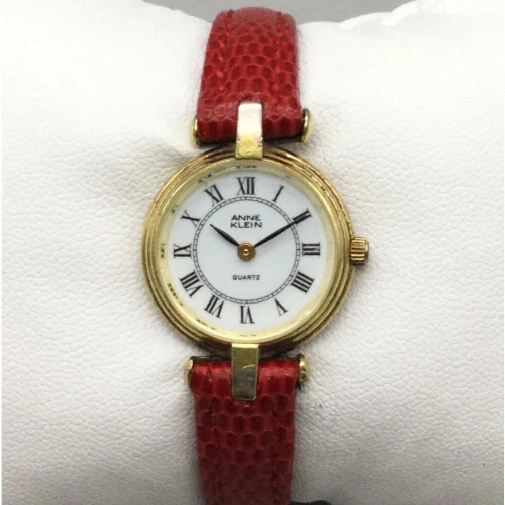 Anne Klein Watch Women 21mm Gold Tone Red Leather Band New Battery